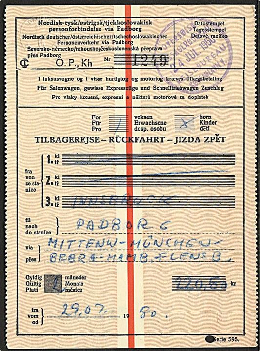 Danske Statsbaner togbillet for rejse fra Innsbruck til Padborg. Stemplet Oversøisk Passagerbureau Rejesbureau København V. d. 24.7.1950.