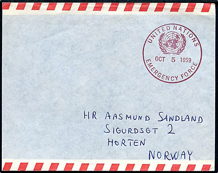 Ufrankeret luftpostkuvert stemplet United Nations Emergency Force d. 5.10.1959 til Horten, Norge. Uden afsender.