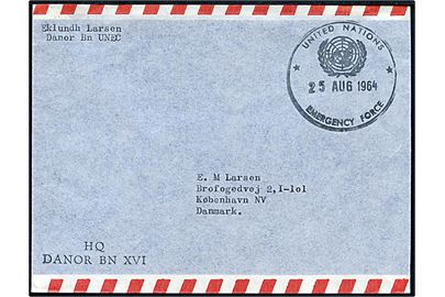 Ufrankeret luftpostbrev stemplet United Nations Emergency Force d. 25.8.1964 til København, Danmark. Lille afd.-stempel: HQ DANOR BN XVI.
