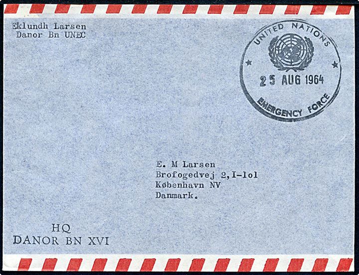 Ufrankeret luftpostbrev stemplet United Nations Emergency Force d. 25.8.1964 til København, Danmark. Lille afd.-stempel: HQ DANOR BN XVI.