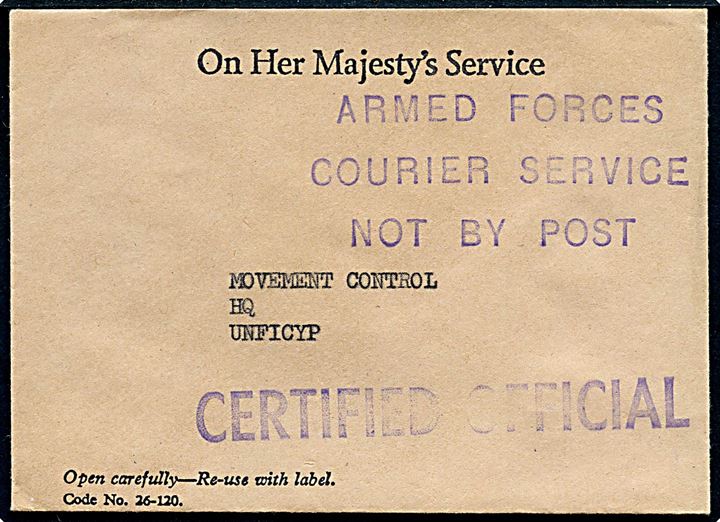 Ufrankeret britisk OHMS tjenestekuvert med stempel Armed Forces Courier Service / Not by Post til Movement Crontrol, HQ, UNFICYP på Cypern.