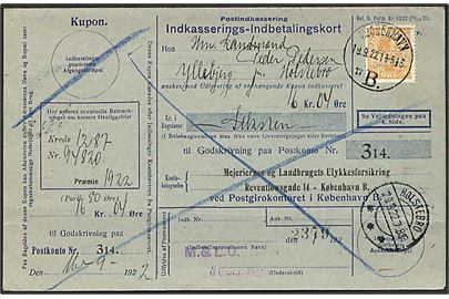 30 øre Chr. X med perfin M.L.U. på retur Indkasserings-Indbetalingskort fra Mejeriernes og Landbrugets Ulykkesforsikring i Kjøbenhavn d. 19.9.1922 til Holstebro.