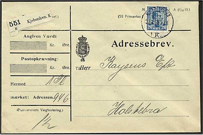 20 øre Chr. X med perfin J.M. på adressebrev for pakke fra Kjøbenhavn d. 23.6.1917 til Holstebro. Afs. på bagsiden: Aktieselskabet J. Moresco, Kjøbenhavn.