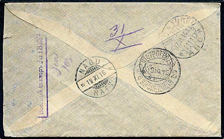 2½d George V på brev fra Port Nolloh d. 18.9.1916 via Petrograd til Nagu, Finland. Åbnet af russisk censur, men banderole mangler.