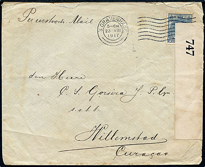 12½ c. på brev fra 's Gravenhage d. 23.8.1917 til Willemstad, Curacao. Åbnet af britisk censur no. 747.