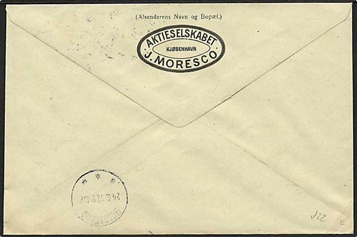 20 øre Chr. X med perfin J.M. på adressebrev for pakke fra Kjøbenhavn d. 23.6.1917 til Holstebro. Afs. på bagsiden: Aktieselskabet J. Moresco, Kjøbenhavn.