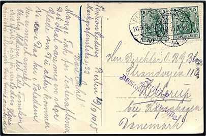 5 pfg. Germania (2) på brevkort (Potsdam, Schloss Sanssouci) fra Berlin d. 20.9.1915 til Hellerup, Danmark. Returneret med stempel: Zurück / Abbildung unzulässig på grund af forbud mod at sende billedpostkort til udlandet.