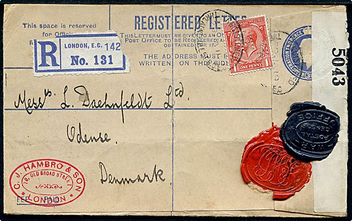 3½d George V anbefalet helsagskuvert opfrankeret med 1d George V med perfin H fra firma C. J. Hambro & Son i London d. 29.1.1919 til Odense, Danmark. Åbnet af britisk censur med banderole no. 5043 og laksegl War Office Postal Censor.