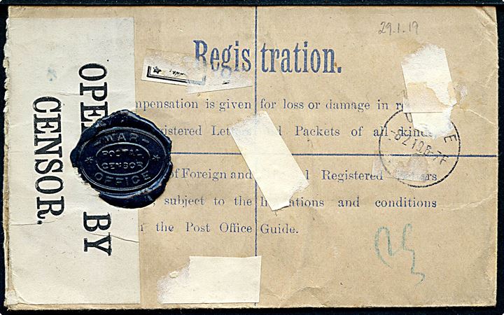 3½d George V anbefalet helsagskuvert opfrankeret med 1d George V med perfin H fra firma C. J. Hambro & Son i London d. 29.1.1919 til Odense, Danmark. Åbnet af britisk censur med banderole no. 5043 og laksegl War Office Postal Censor.