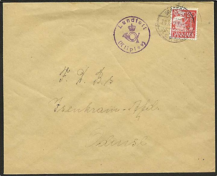 20 øre Karavel på brev annulleret med bureaustempel Sønderborg - Tønder T.466 (?) d. 24.1.1942 og sidestemplet med posthornstempel Lundtoft (Kliplev) til Odense.