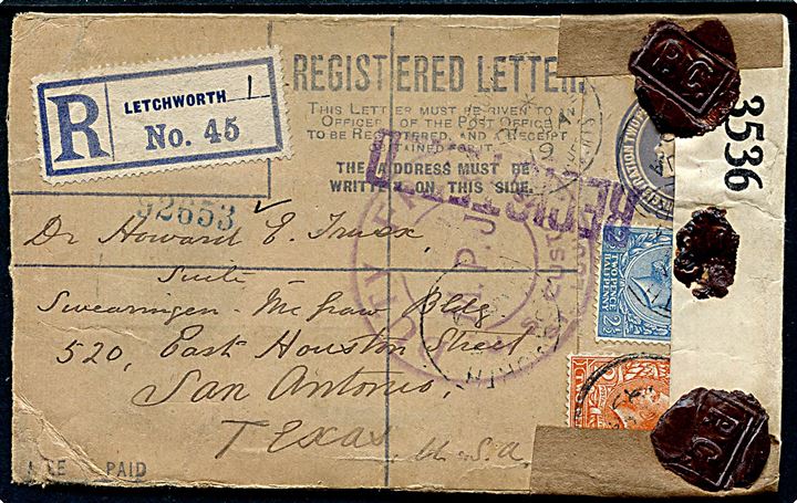 3½d George V anbefalet helsagskuvert opfrankeret med 2d og 2½d George V sendt anbefalet fra Letchworth d. 26.1.1919 til San Antonio, Texas, USA. På bagsiden transit stemplet i Saint Louis, Mo. d. 21.2.1919. Åbnet af britisk censur no. 3536 med 2 forskellige laksegl: P.C. og stort War Office Postal Censor.