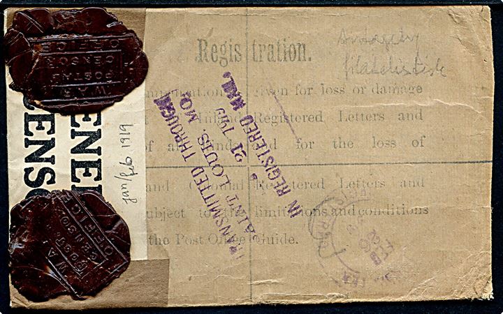 3½d George V anbefalet helsagskuvert opfrankeret med 2d og 2½d George V sendt anbefalet fra Letchworth d. 26.1.1919 til San Antonio, Texas, USA. På bagsiden transit stemplet i Saint Louis, Mo. d. 21.2.1919. Åbnet af britisk censur no. 3536 med 2 forskellige laksegl: P.C. og stort War Office Postal Censor.
