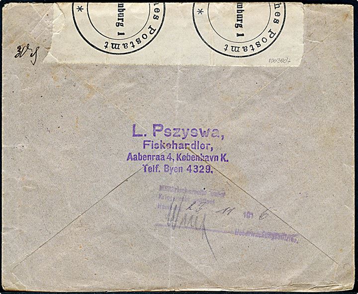 20 øre Chr. X (2) på ekspresbrev fra Kjøbenhavn d. 21.11.1916 til Soldau, Kr. Neidenburg, Preussen. Åbnet af tysk censur i Hamburg.