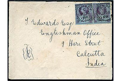 2½d Victoria i parstykke på brev stemplet Jersey d. 30.6.1889 til Calcutta, Indien. På bagsiden transit stemplet Sea Post Office A d. 16.7.1889 benyttet ombord på S/S Siam på ruten fra Brindisi-Suez-Aden-Bombay.