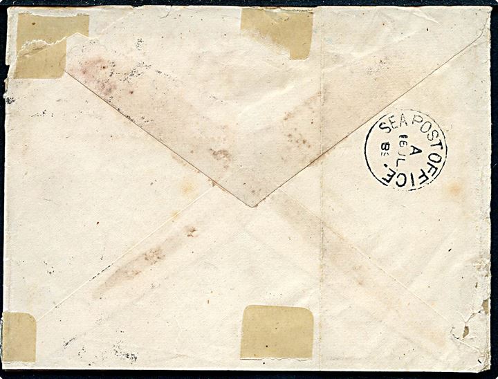 2½d Victoria i parstykke på brev stemplet Jersey d. 30.6.1889 til Calcutta, Indien. På bagsiden transit stemplet Sea Post Office A d. 16.7.1889 benyttet ombord på S/S Siam på ruten fra Brindisi-Suez-Aden-Bombay.