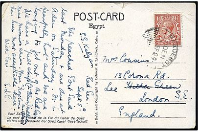 1½d George V på brevkort skrevet ombord på S/S Kalyan i Rødehavet og annulleret med skibsstempel Paquebot / Aden d. 7.9.1929 til London, England.