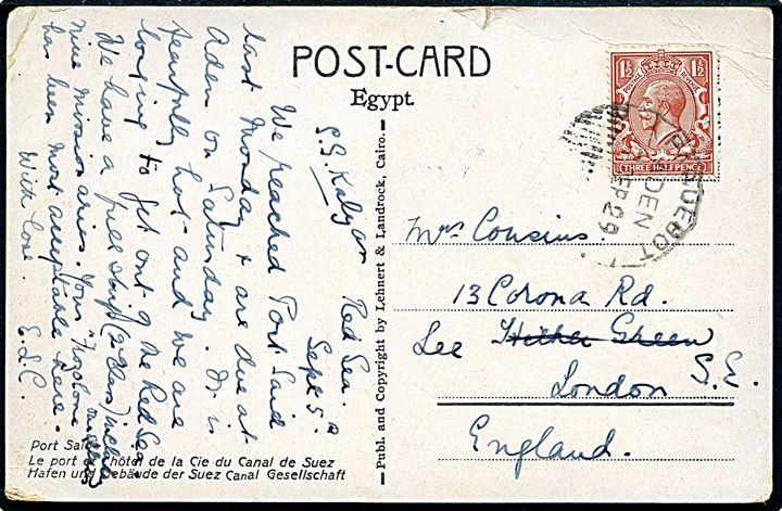 1½d George V på brevkort skrevet ombord på S/S Kalyan i Rødehavet og annulleret med skibsstempel Paquebot / Aden d. 7.9.1929 til London, England.