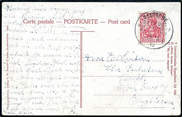 10 pfg. Germania på brevkort (Reichspostdampfer Zieten, NDL) annulleret med skibsstempel Deutsche Seepost Australische Hauptlinie f d. 13.1.1910 til Nr. Rugby, England.