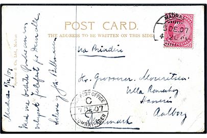 1 Anna Edward VII på brevkort (A sweet Meat Bazar) påskrevet via Brindisi fra Madras d. 5.12.1907 via Sea Post Office C Bombay - Aden d. 7.12.1907 til Aalborg, Danmark. Stempel benyttet ombord på S/S Marmora fra Bombay via Aden til Port Said.