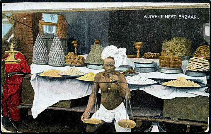 1 Anna Edward VII på brevkort (A sweet Meat Bazar) påskrevet via Brindisi fra Madras d. 5.12.1907 via Sea Post Office C Bombay - Aden d. 7.12.1907 til Aalborg, Danmark. Stempel benyttet ombord på S/S Marmora fra Bombay via Aden til Port Said.