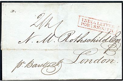 1830. Brev dateret Calcutta d. 26.1.1830 med påskrift Pr. Baretto og på bagsiden Calcutta G.P.O. Shipletter d. ?.1.1830 til London, England. Ank.stemplet 29.3.1830. Rødt rammestempel: India Letter Portsmouth.