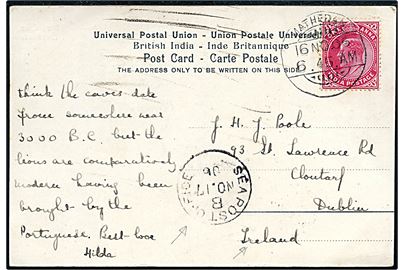 1 anna Edward VII på brevkort fra Mathedan d. 16.11.1906 til Dublin, Irland. Transit stemplet Sea Post Office B d. 17.11.1906 ombord på dampskibet S/S Oriental fra Bombay til Aden.