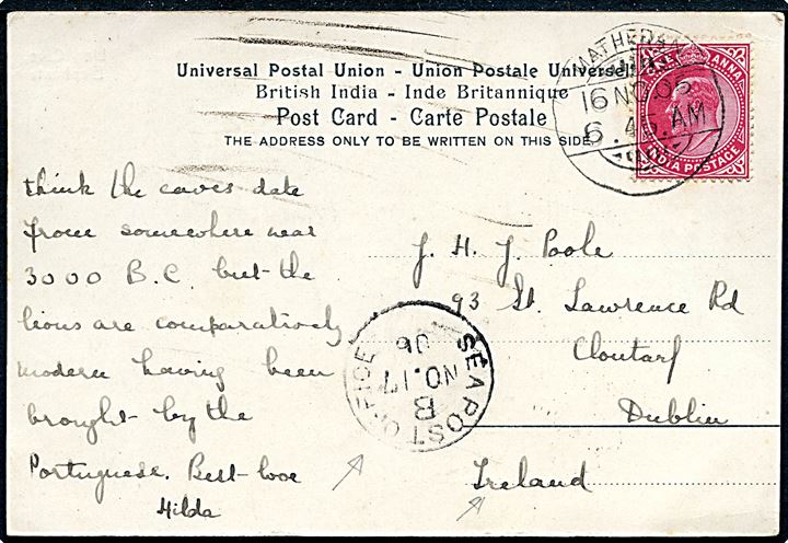 1 anna Edward VII på brevkort fra Mathedan d. 16.11.1906 til Dublin, Irland. Transit stemplet Sea Post Office B d. 17.11.1906 ombord på dampskibet S/S Oriental fra Bombay til Aden.