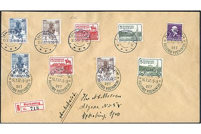Blandingsfrankeret brev med komplet sæt Regentjubilæum annulleret Nykjøbing S. d. 15.5.1937 (FDC) og genanvendt med bl.a. samme udg. sendt anbefalet fra Rudkøbing og annulleret med særstempel Danmark * Det rullende Postkontor * d. 16.7.1937 til Nykøbing S. Det rullende postkontor modtog i 1937 ca. 30.000 forsendelser - heraf kun 95 anbefalede breve.