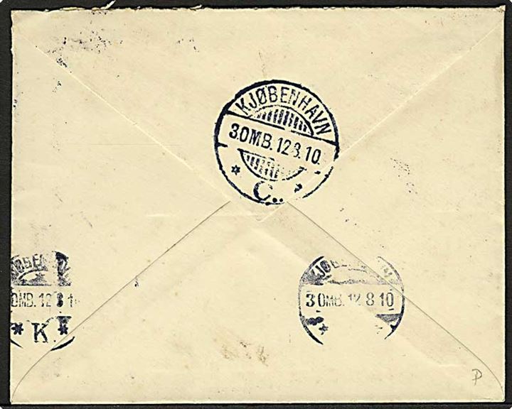 5 øre Fr. VIII i parstykke på brev annulleret med skibsstempel Fra Færöerne og på bagsiden stemplet Kjøbenhavn d. 12.8.1910 til Kjøbenhavn, Danmark.