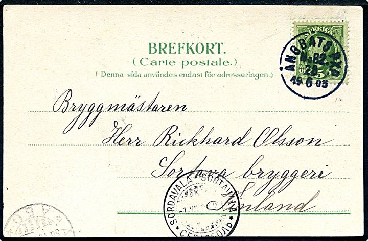 5 öre Oscar II på brevkort (Djorö) annulleret med dampskibsstempel Ångbåts PXP No. 82 d. 28.6.1903 via Åbo til Sordavala, Finland. Stempel benyttet ombord på dampskibet S/S Najaden på ruten Stockholm-Pålsudden.