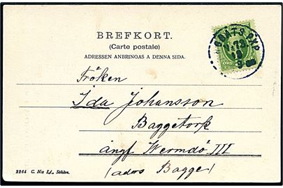 5 öre Oscar II på brevkort annulleret med dampskibsstempel Ångbåts PXP No. 73 d. 19.9. ca. 1905 til Baggetorp pr. Ångf. Wermdö III. Stemplet benyttet ombord på dampskibet S/S Tor II på ruten Stockholm - Kolvik.