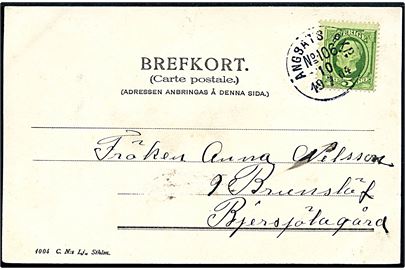 5 öre Oscar II på brevkort fra Stockholm annulleret med dampskibsstempel Ångbåts PXP No. 106 d. 10.7.1904 til Bjersjölagård. Stemplet benyttet ombord på dampskibet S/S Wermdö II på ruten Stockholm - Betsede.