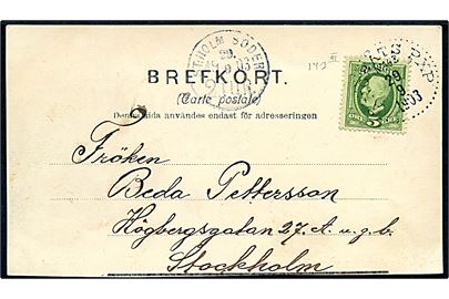 5 öre Oscar II på brevkort (Skurusund) annulleret med dampskibsstempel Ångbåts PXP No. 143 d. 29.9.1903 til Stockholm. Stemplet benyttet ombord på S/S Gustavsberg V på ruten Stockholm - Gustavsberg.