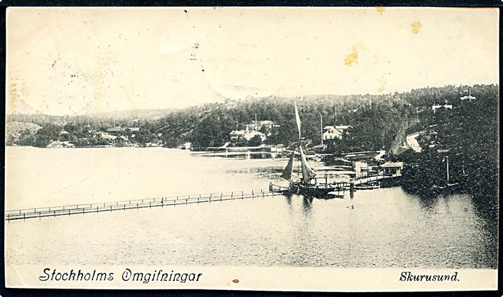 5 öre Oscar II på brevkort (Skurusund) annulleret med dampskibsstempel Ångbåts PXP No. 143 d. 29.9.1903 til Stockholm. Stemplet benyttet ombord på S/S Gustavsberg V på ruten Stockholm - Gustavsberg.