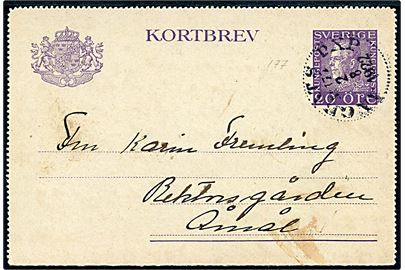 20 öre Gustaf helsagskorrespondancekort dateret på Kärringön annulleret med dampskibsstempel Ångbåts PXP No. 177 d. 2.8.1922 til Åmål. Stemplet benyttet ombord på S/S Marstrand på ruten Göteborg - Smögen / Marstrand.