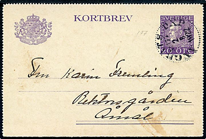 20 öre Gustaf helsagskorrespondancekort dateret på Kärringön annulleret med dampskibsstempel Ångbåts PXP No. 177 d. 2.8.1922 til Åmål. Stemplet benyttet ombord på S/S Marstrand på ruten Göteborg - Smögen / Marstrand.