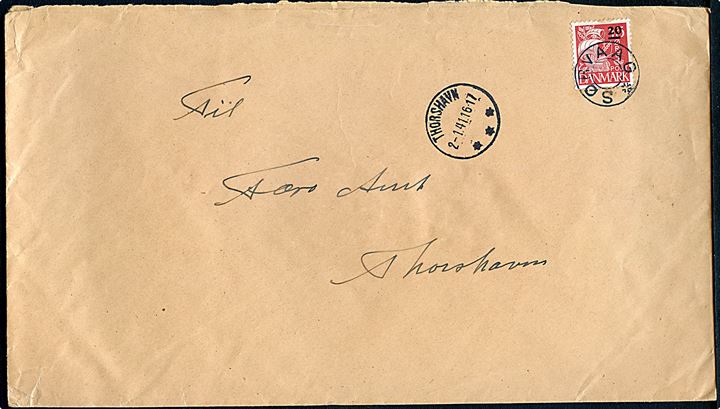 20/15 øre Provisorium på stort brev annulleret med udslebet stjernestempel SØRVAAG og sidestemplet Thorshavn d. 2.1.1941 til Færø Amt i Thorshavn.