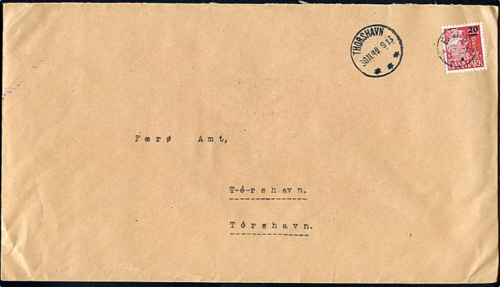 20/15 øre Provisorium på stor kuvert annulleret med udslebet stjernestempel EJDE og sidestemplet Thorshavn d. 30.11.1940 til Færø Amt i Thorshavn.