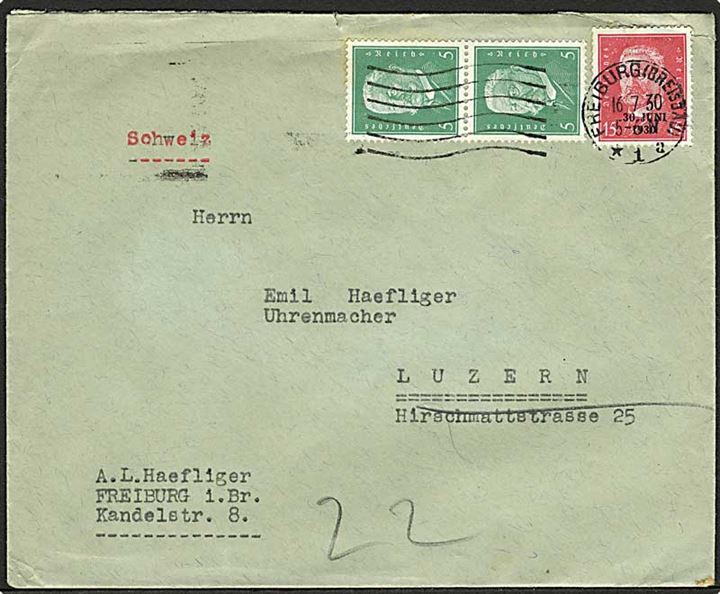 5 pfg. Hindenburg (2) og 10 pfg. Rheinland besættelse provisorium på brev fra Freiburg d. 16.7.1930 til Luzern, Schweiz.