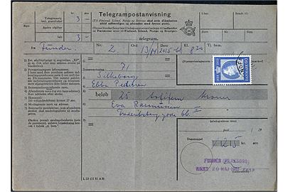 60 øre Fr. IX 60 år på Telegrampostanvisning L23 (11.51.A5) på 25 kr. stemplet Funder 1961 til Silkeborg. Kontorstempel: Funder (Silkeborg) Posteksp. d. 20.5.1961. Sjælden forsendelsen.
