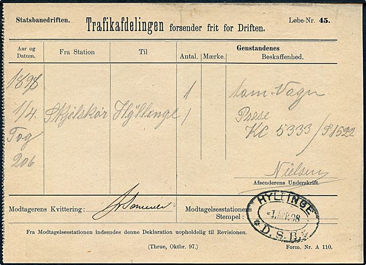 Statsbanedriften formular A.110 for forsendelse fra Skelskør til Hyllinge. Ank.stemplet med ovalt stempel Hyllinge * D.S.B. * d. 1.4.1898.