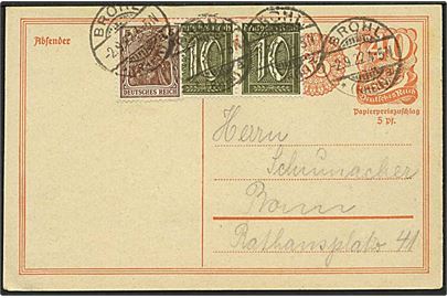 40+85 pfg. provisorisk helsagsbrevkort opfrankeret med 5 pfg. Germania og 10 pfg. Ciffer (par) fra Brohl d. 2.9.1922 til Bonn.