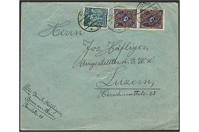20 mk. Posthorn i parstykke og 160 mk. Høstfolk på 200 mk. frankeret brev fra Bonn d. 8.12.1922 til Luzern, Schweiz.