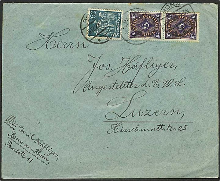 20 mk. Posthorn i parstykke og 160 mk. Høstfolk på 200 mk. frankeret brev fra Bonn d. 8.12.1922 til Luzern, Schweiz.