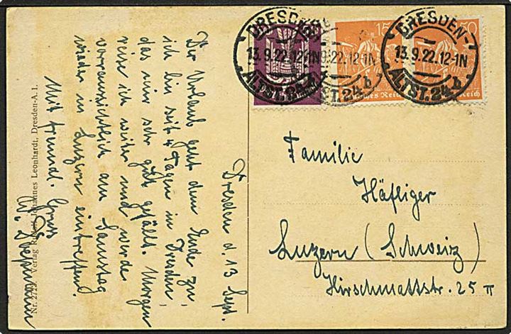 50 pfg. Luftpost og 150 pfg. Høstfolk i parstykke på 350 pfg. frankeret brevkort fra Dresden d. 13.9.1922 til Luzern, Schweiz.