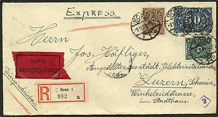 4 mk., 30 mk. Posthorn og 50 mk. Ciffer på 84 mk. frankeret anbefalet ekspresbrev fra Bonn d. 9.11.1922 til Luzern, Schweiz.
