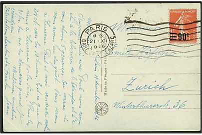 90 c./1,05 fr. Provisorium på brevkort fra Paris d. 21.12.1926 til Zürich, Schweiz.