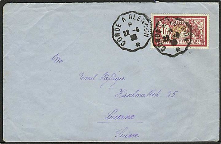1 fr. single på brev annulleret med bureau stempel Conde a Alencon d. 22.6.1925 til Lucern, Schweiz.