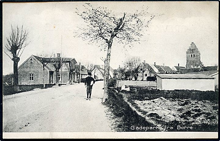 Borre, gadeparti med kirke i baggrunden. C. Petersen no. 69.
