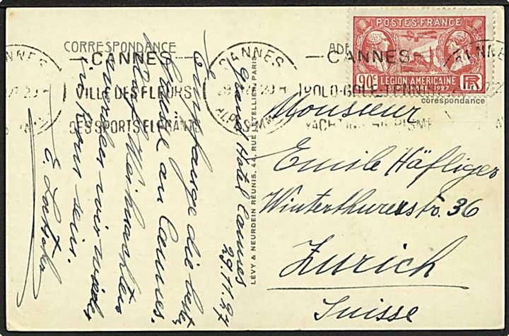 90 c. Amerikanske Legion på brevkort fra Cannes d. 29.11.1927 til Zürich, Schweiz.